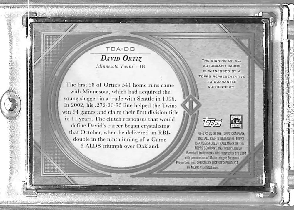David Ortiz baseball card from 2018 Topps Transcendent featuring Minnesota Twins auto