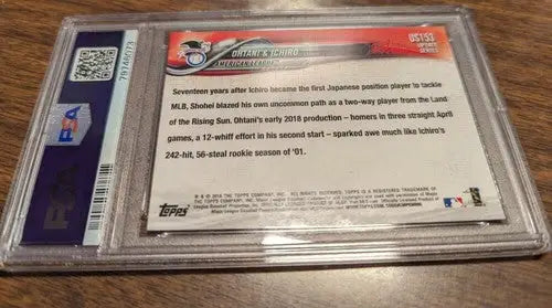 Graded baseball card with original gloss featuring Shohei Ohtani and Ichiro in finest mint PSA condition