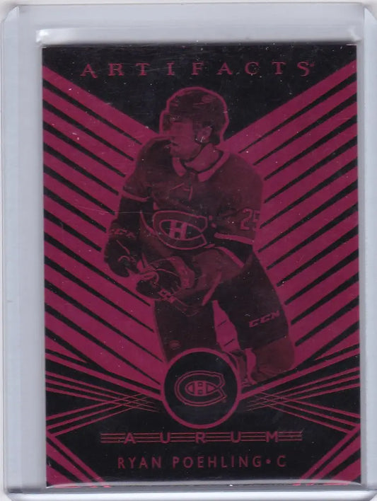 Hockey trading card of Ryan Poehling in red and black from 2019-20 Artifacts Aurum
