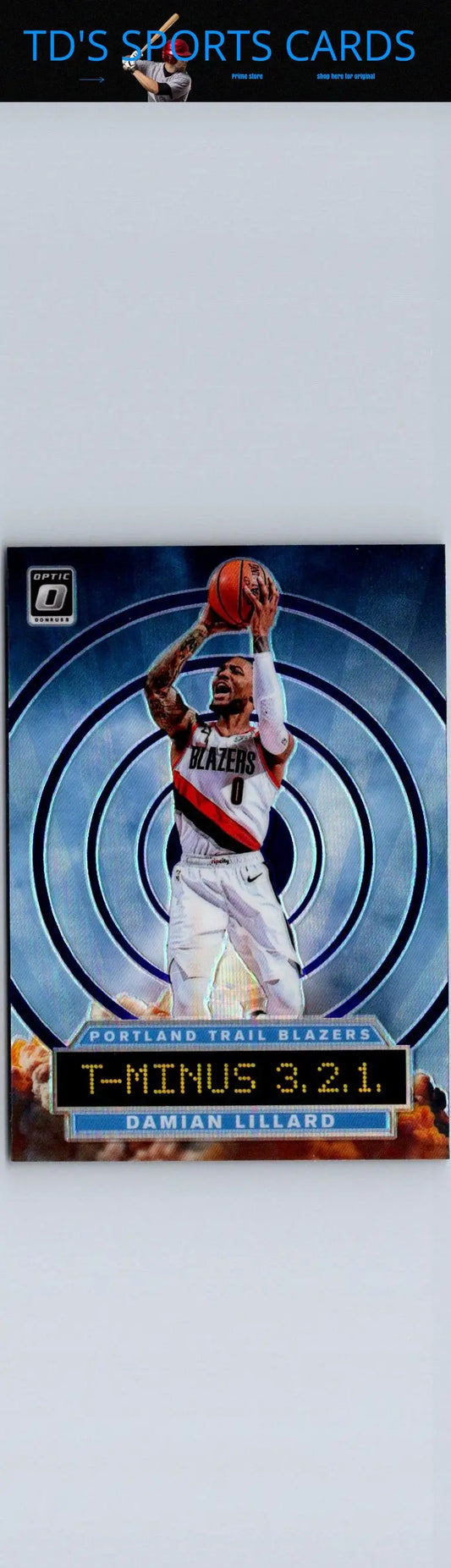 Damian Lillard 2019-20 Donruss Optic trading card featuring T-Minus 3, 2, 1 design