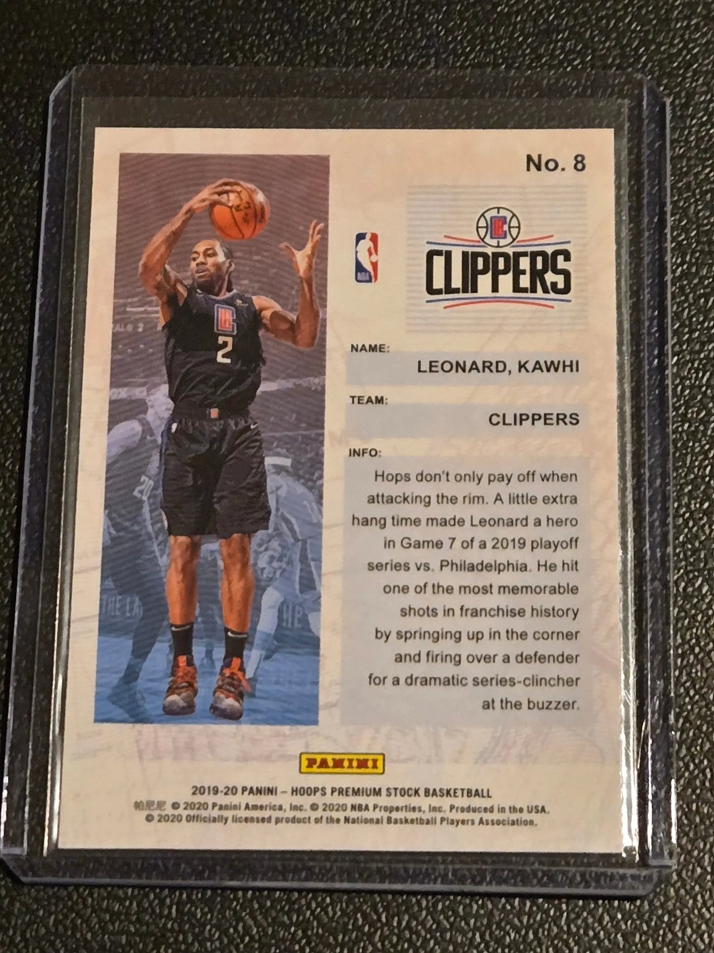Kawhi Leonard basketball trading card from Hoops Premium Stock 2019-20 featuring Frequent Flyers Holo