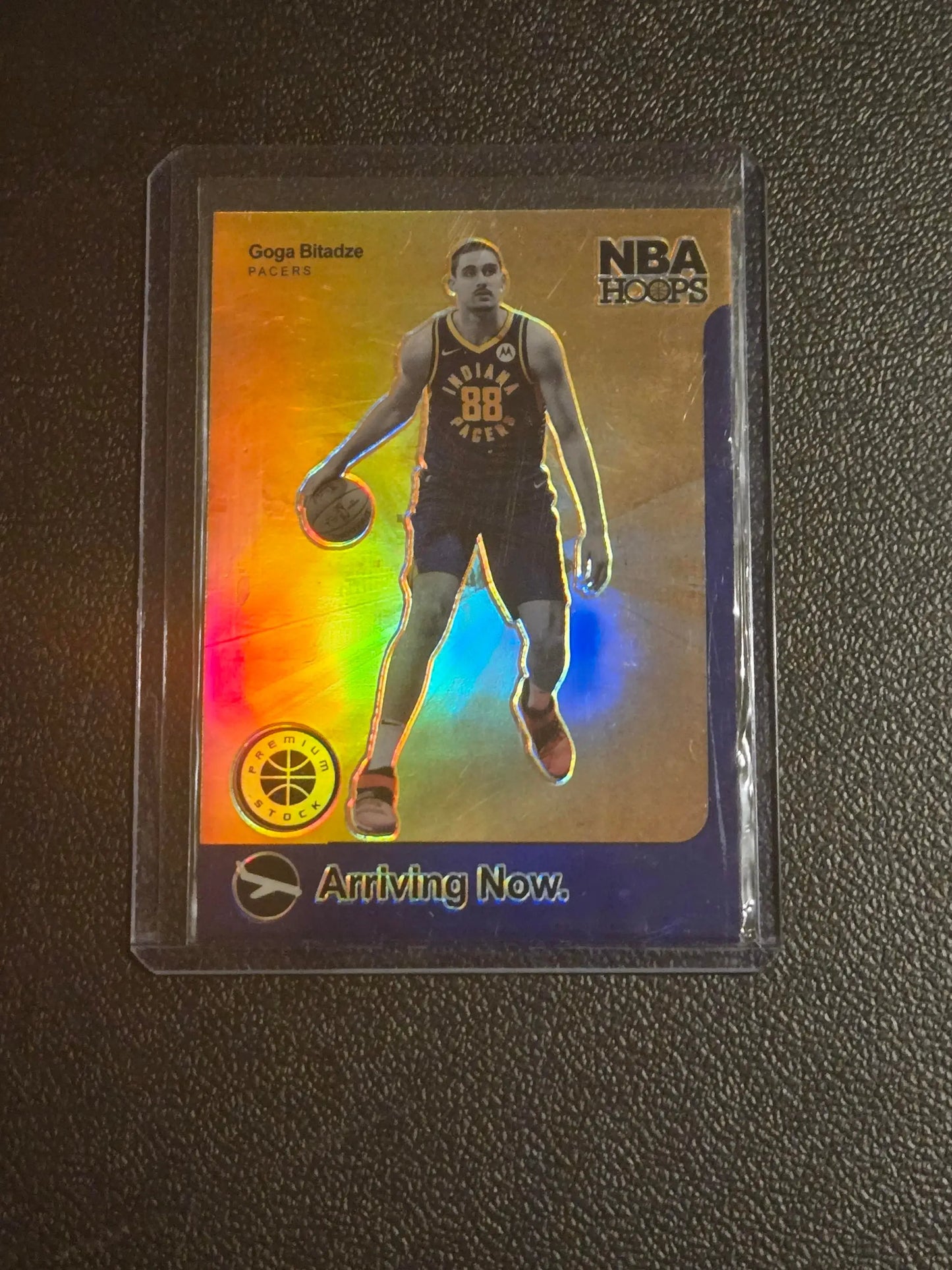 Holographic Goga Bitadze trading card from Hoops Premium Stock arriving now in purple