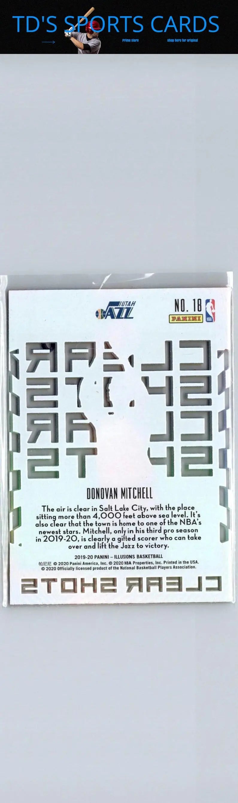 Donovan Mitchell basketball card from 2019-20 Panini Illusions Clear Shots Emerald