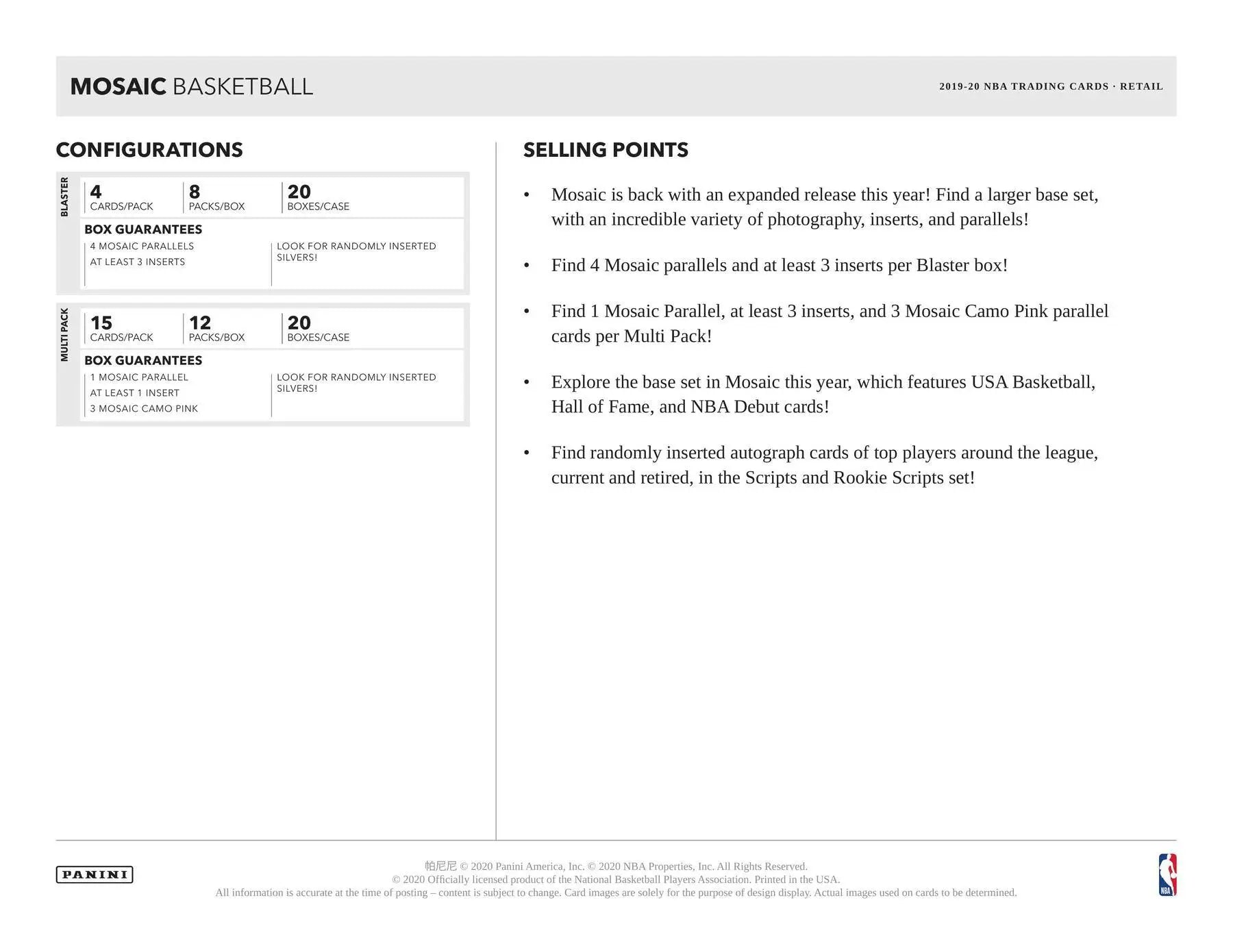 Mosaic Basketball card configurations and selling points in a 2019-20 Panini Blaster Box