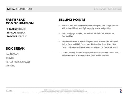 Mosaic basketball card details featuring fast break parallels and NBA debut black parallels