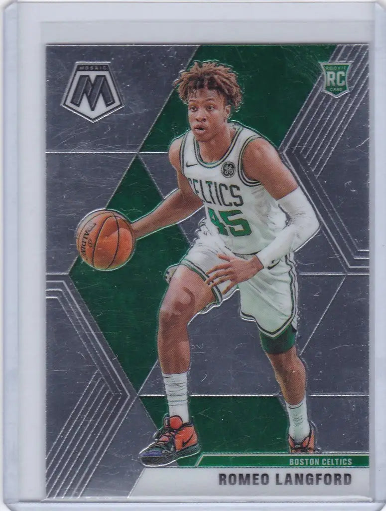 Basketball trading card of Romeo Langford dribbling for Boston Celtics Panini Mosaic