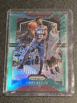 Jimmy Butler basketball card 2019 20 Panini Prizm Prizms Green featuring Jimmy Butler