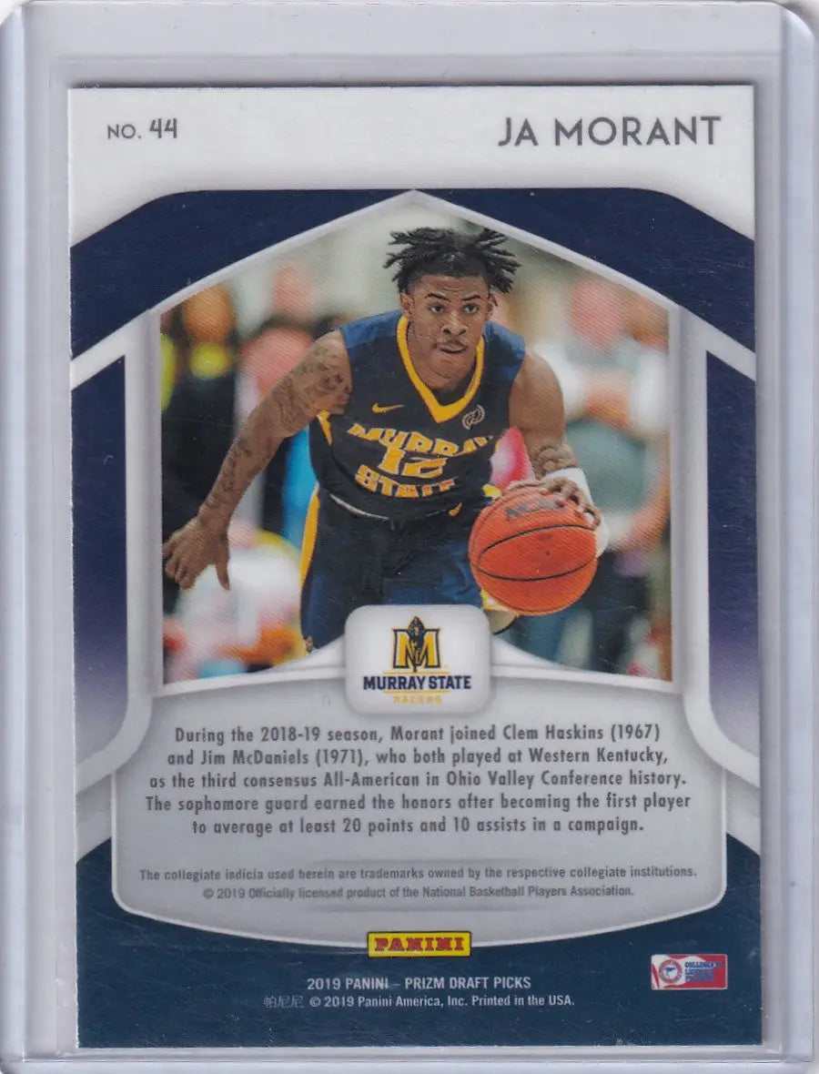 Panini Prizm Draft Ja Morant trading card in Murray State uniform dribbling basketball