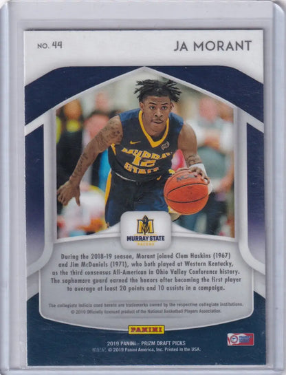 Panini Prizm Draft Ja Morant trading card in Murray State uniform dribbling basketball