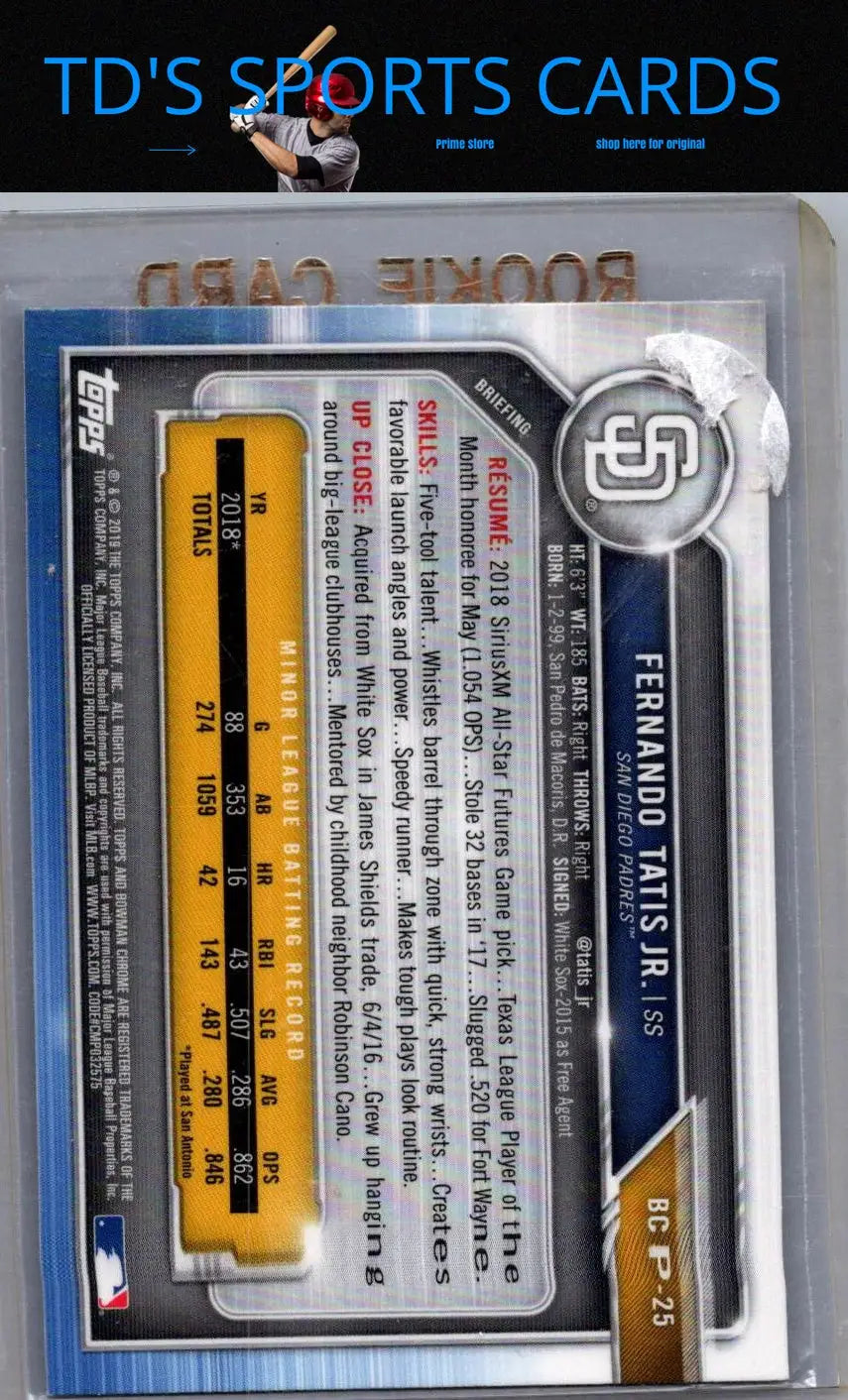 Baseball trading card of Fernando Tatis Jr. from Bowman Chrome Prospects RC series