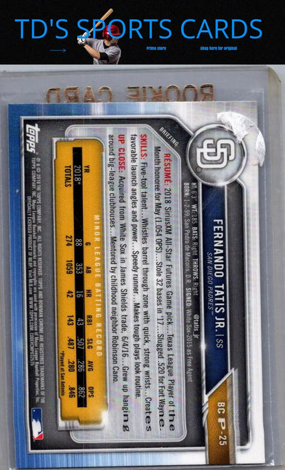 Baseball trading card of Fernando Tatis Jr. from Bowman Chrome Prospects RC series