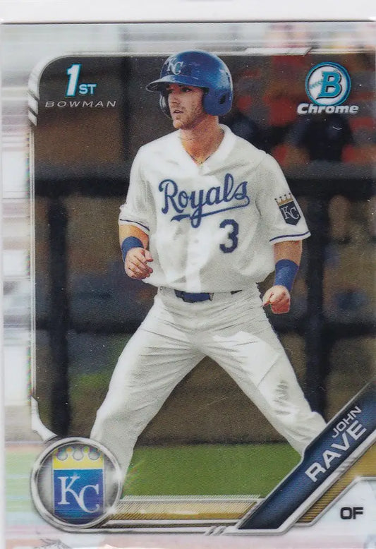 Baseball player John Rave in Kansas City Royals uniform at bat for Bowman Chrome card