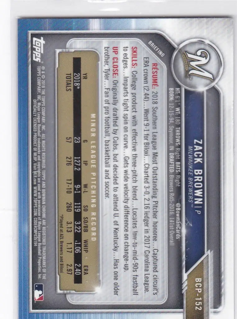 Baseball trading card featuring Zack Brown 1st Bowman Milwaukee Brewers player stats