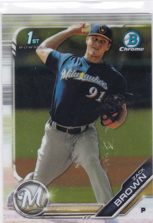 Baseball player Zack Brown mid-pitch in Milwaukee Brewers uniform 1st Bowman card