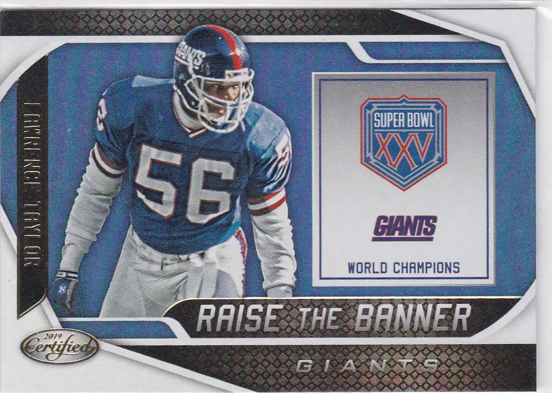 2019 Certified Lawrence Taylor Raise the Banner football trading card with Super Bowl XXV banner