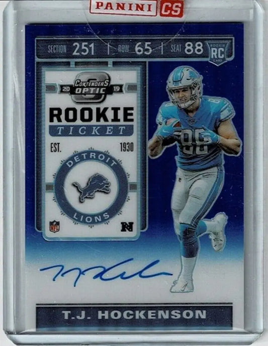 Optic TJ Hockenson RC rookie ticket blue autographed trading card from Contenders Optic