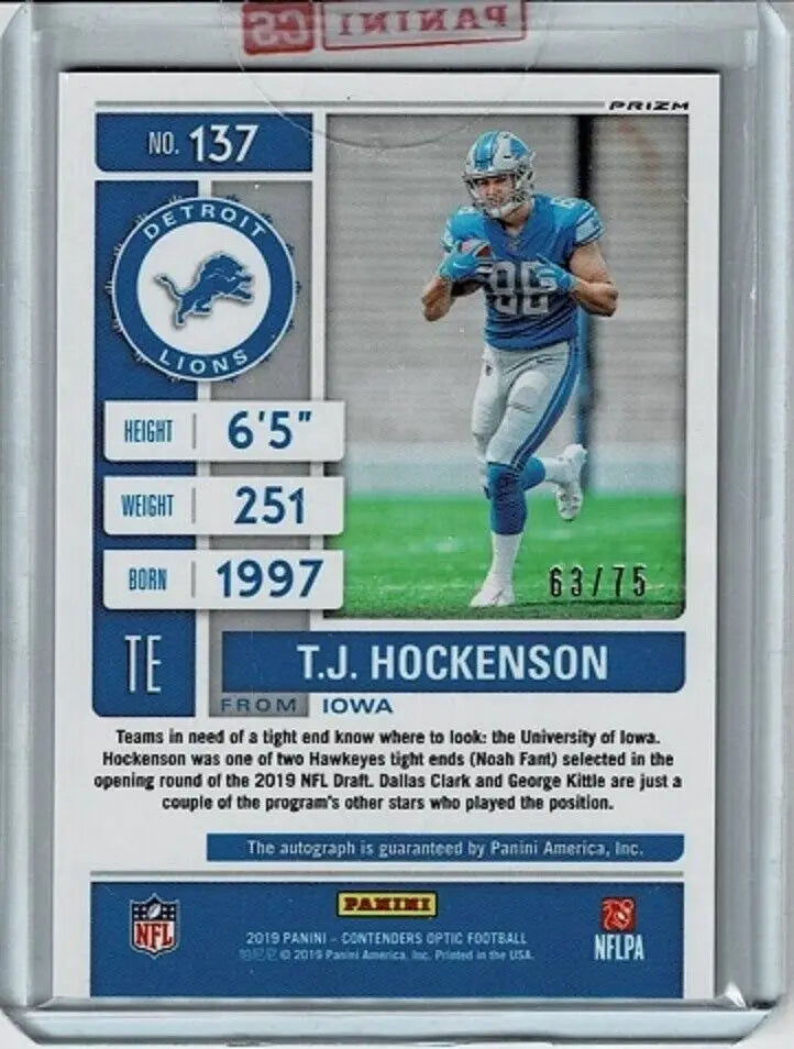 Optic T.J. Hockenson RC Rookie Ticket Blue Auto /75 football card from Lions Vikings