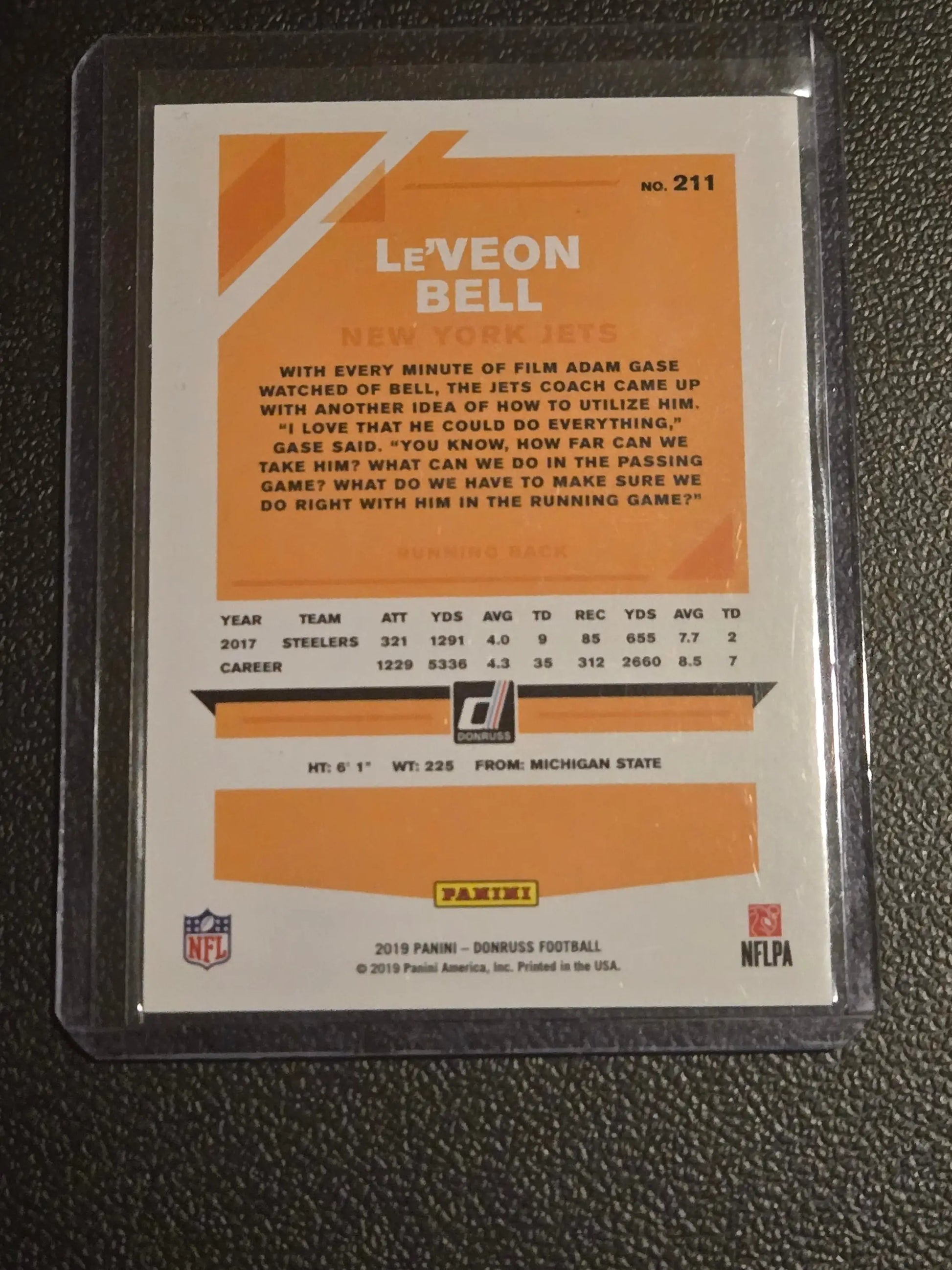 Football trading card featuring Le’Veon Bell Press Proof Silver from 2019 Donruss
