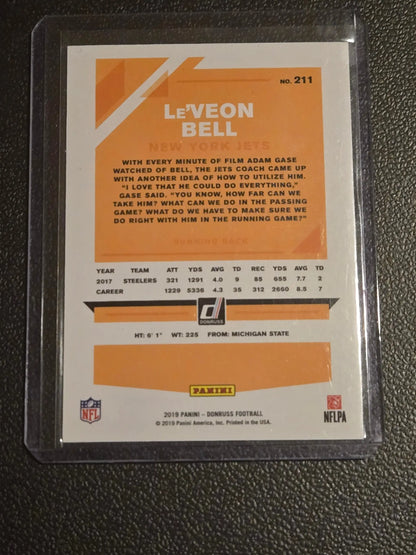 Football trading card featuring Le’Veon Bell Press Proof Silver from 2019 Donruss