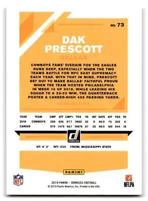 Dak Prescott trading card from 2019 Donruss #73 for football card collectors