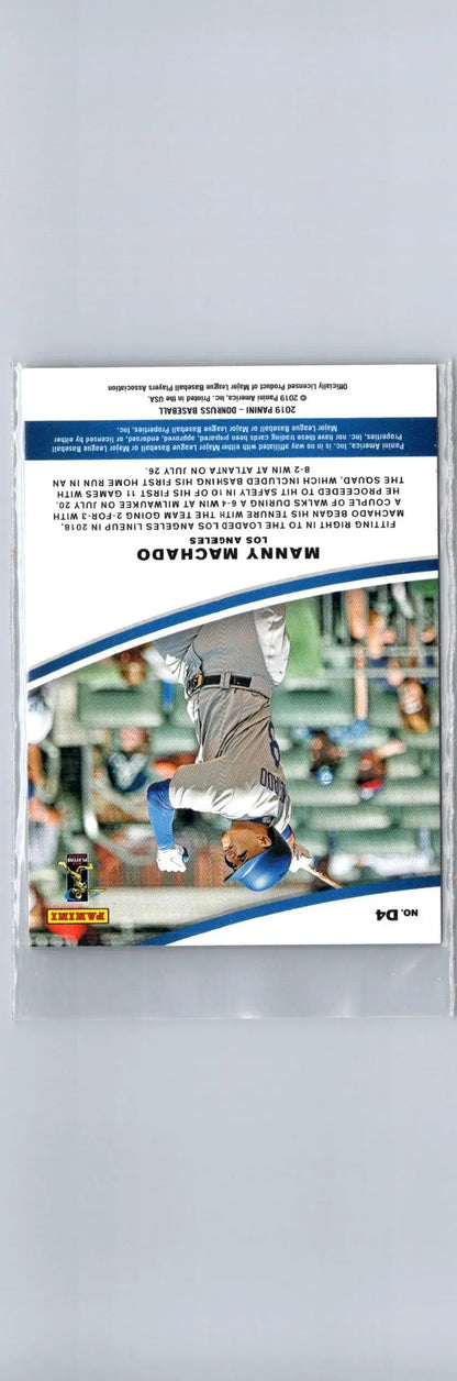 Baseball trading card featuring Manny Machado in Dodgers uniform from 2019 Donruss Manny Machado Dominators Pink Fireworks