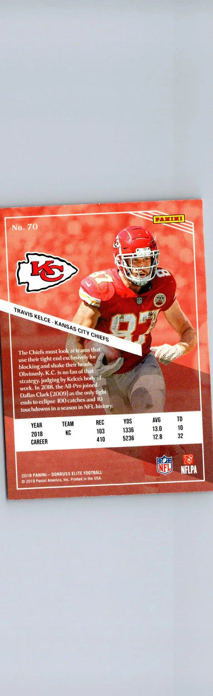 Football trading card featuring Travis Kelce from 2019 Donruss Elite collection