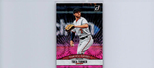 Trea Turner baseball card from 2019 Donruss FF9 featuring Wander Franco in pink fireworks