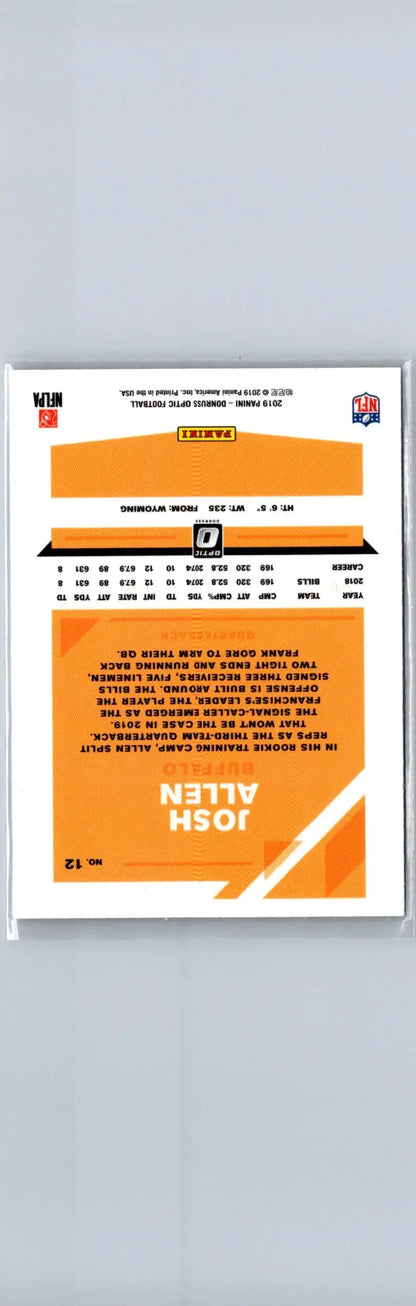 2019 Donruss Optic Josh Allen football card featuring Josh Allen in a collectible Panini card