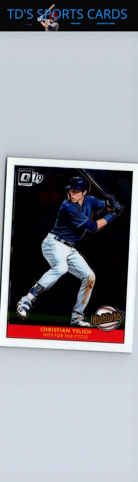 Baseball card of Christian Yelich in mid-swing from 2019 Donruss Optic Highlights