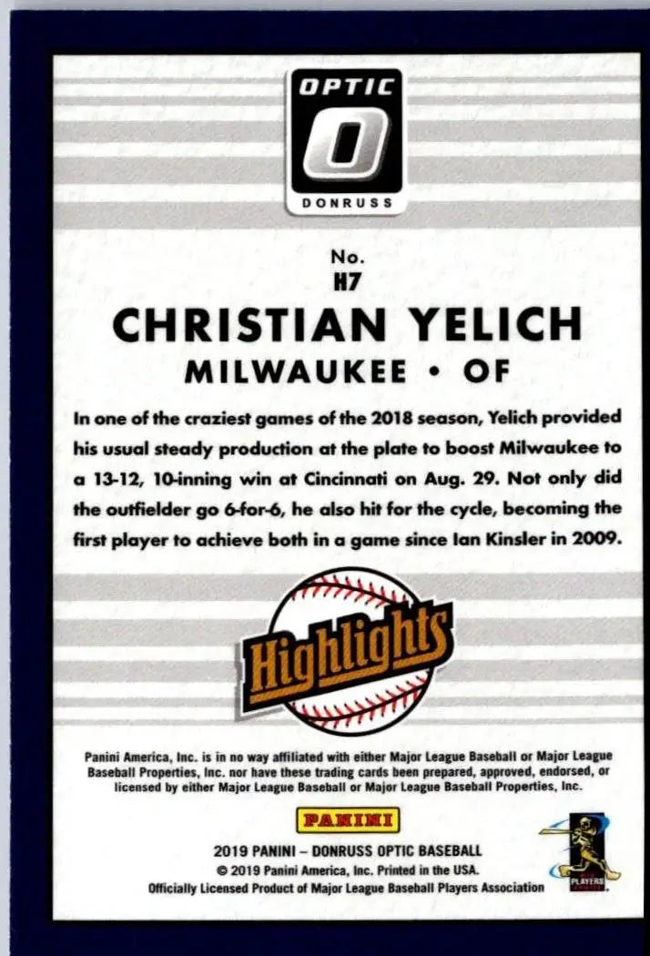 Back of 2019 Donruss Optic #H7 Christian Yelich Highlights baseball card