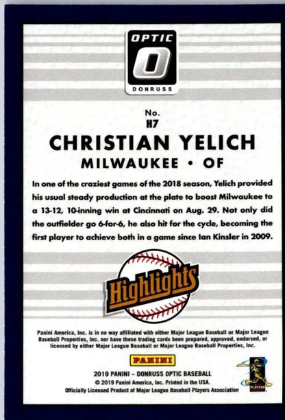 Back of 2019 Donruss Optic #H7 Christian Yelich Highlights baseball card