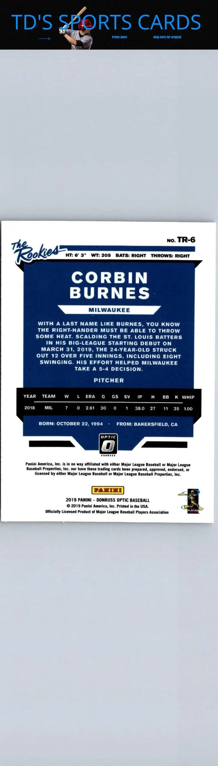 Corbin Burnes 2019 Donruss Optic The Rookies trading card display image