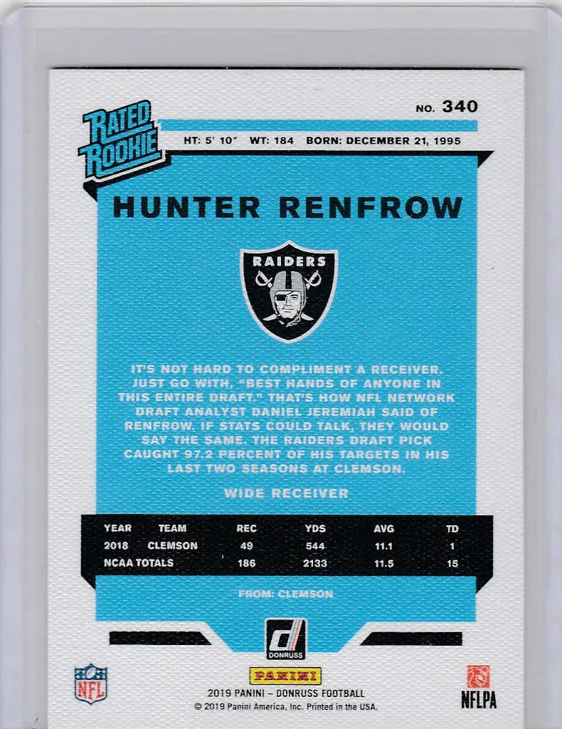 Hunter Renfrow Oakland Raiders trading card from 2019 Donruss Rated Rookies Canvas