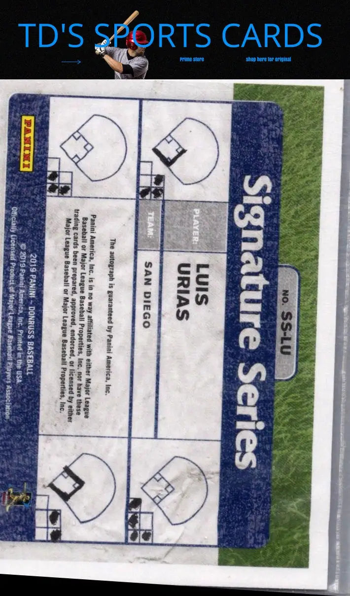 Luis Urias baseball card from 2019 Donruss Luis Urias Signature Series Pink Fireworks