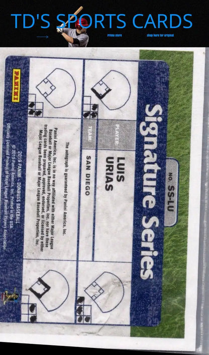 Luis Urias baseball card from 2019 Donruss Luis Urias Signature Series Pink Fireworks