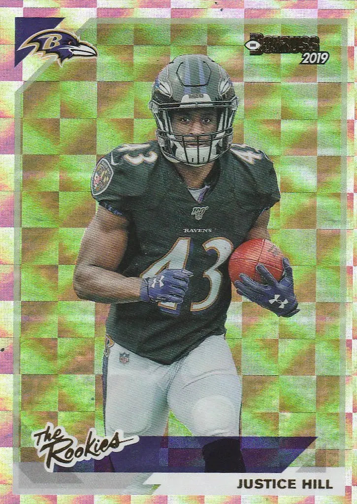 Justice Hill football card from 2019 Donruss The Rookies featuring Ravens player
