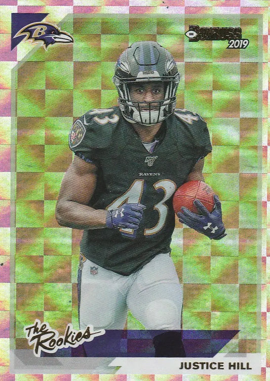 Justice Hill football card from 2019 Donruss The Rookies featuring Ravens player