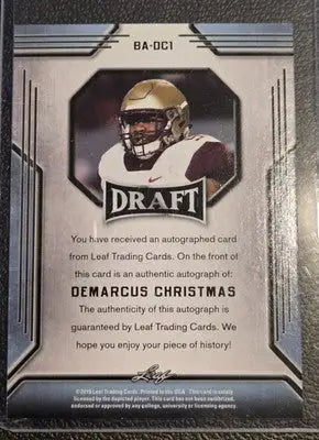 Demarcus Christmas autographed trading card from 2019 Leaf Draft series