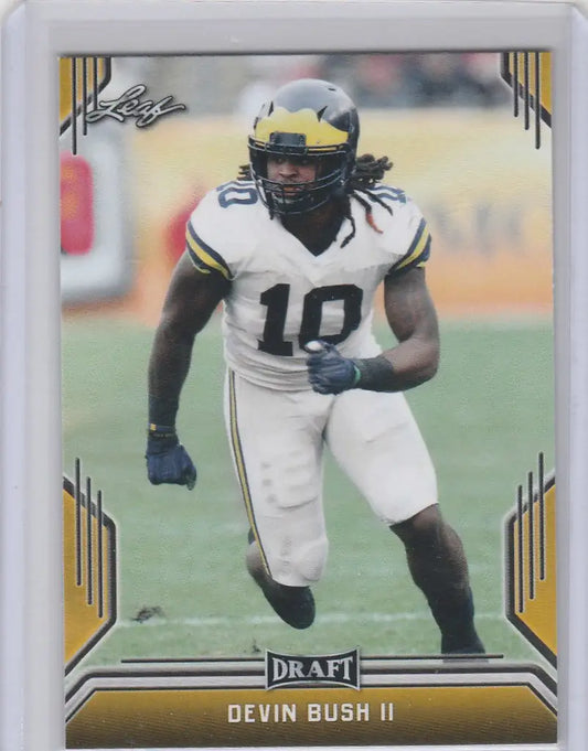 Football trading card of Devin Bush in white uniform, Leaf Draft Gold, Pittsburgh Steelers