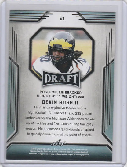 Football trading card of Devin Bush Pittsburgh Steelers in yellow helmet and dark jersey