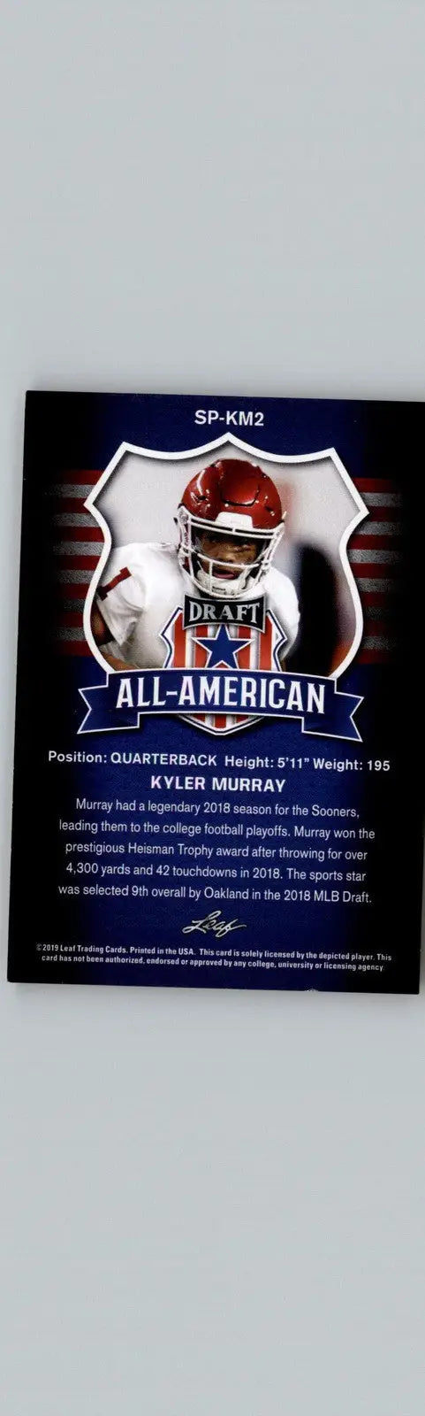 Kyler Murray football card from 2019 Leaf Draft Kyler Murray SPs Gold Oklahoma Sooners