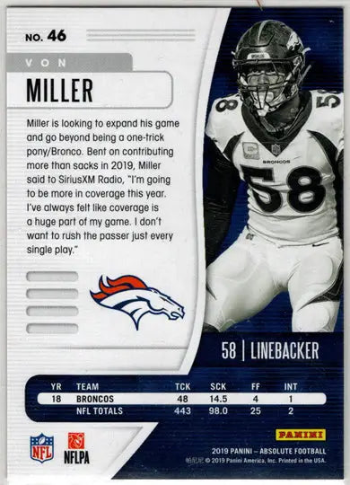 Football card showing 2019 Panini Absolute Football Orange Spectrum Parallel Card Von Miller