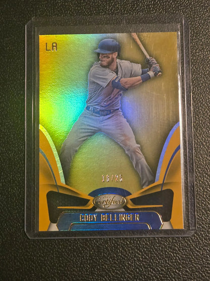 Cody Bellinger Certified Mirror Gold baseball card in protective sleeve, numbered 18/25