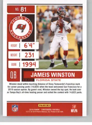 2019 Panini Contenders Season Ticket #81 Jameis Winston NM-MT Buccaneers original gloss card