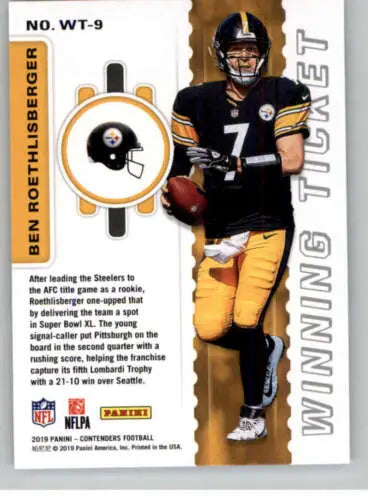 Ben Roethlisberger football card from 2019 Panini Contenders Winning Ticket series