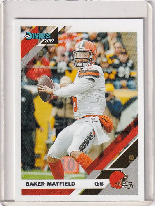 Football trading card of Baker Mayfield Cleveland Browns in white uniform ready to pass