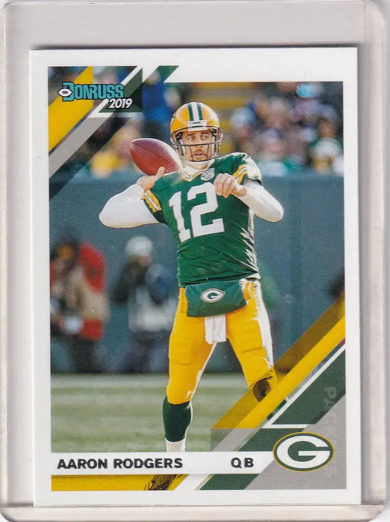 Football trading card of Aaron Rodgers Green Bay quarterback in action, 2019 Panini Donruss