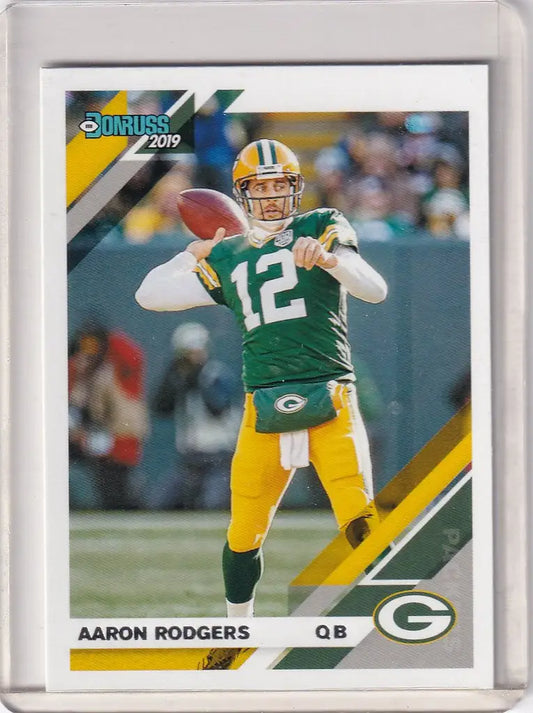 Football trading card of Aaron Rodgers Green Bay quarterback in action, 2019 Panini Donruss