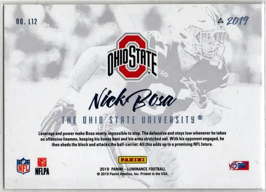 Nick Bosa football card from 2019 Panini Luminance Rookie Insert Card L12