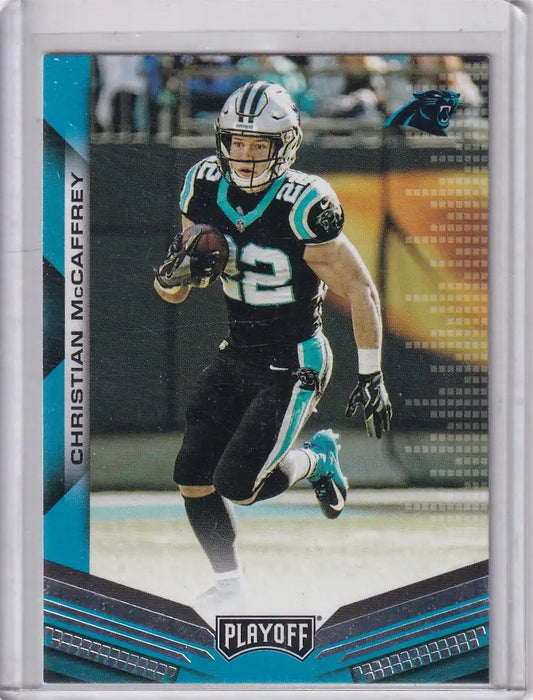 Football trading card of Christian McCaffrey Carolina Panthers running with ball